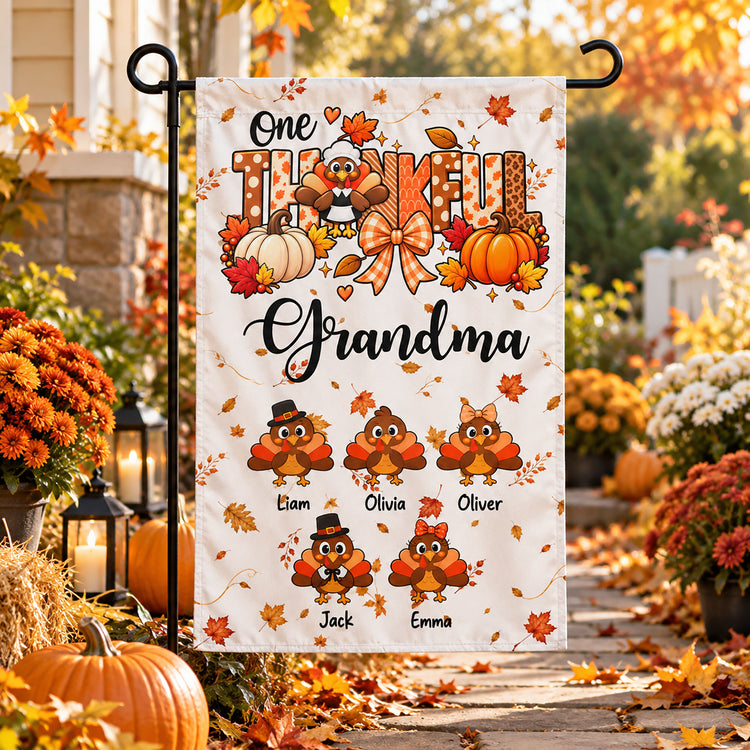One Thankful Grandma Custom Grandkids Turkey - Thanksgiving Fall Season Decorations - Personalized Flag 1