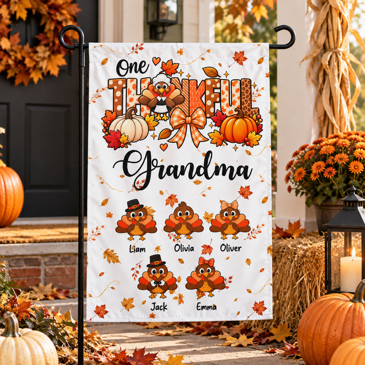 One Thankful Grandma Custom Grandkids Turkey - Thanksgiving Fall Season Decorations - Personalized Flag 2