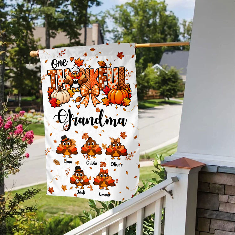 One Thankful Grandma Custom Grandkids Turkey - Thanksgiving Fall Season Decorations - Personalized Flag 5