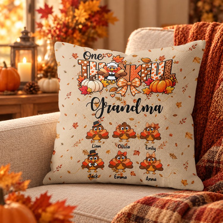 One Thankful Grandma Custom Grandkids Turkey - Thanksgiving Fall Season Decorations - Personalized Pillow Cover 1