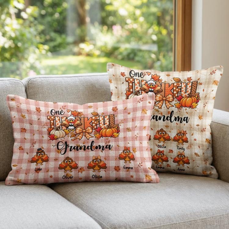One Thankful Grandma Custom Grandkids Turkey - Thanksgiving Fall Season Decorations - Personalized Pillow Cover 4