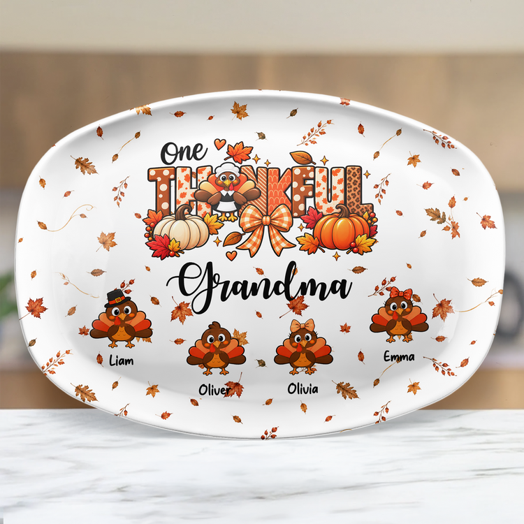 One Thankful Grandma - Custom Grandkids Turkey - Thanksgiving Fall Season Decorations - Personalized Platter 3