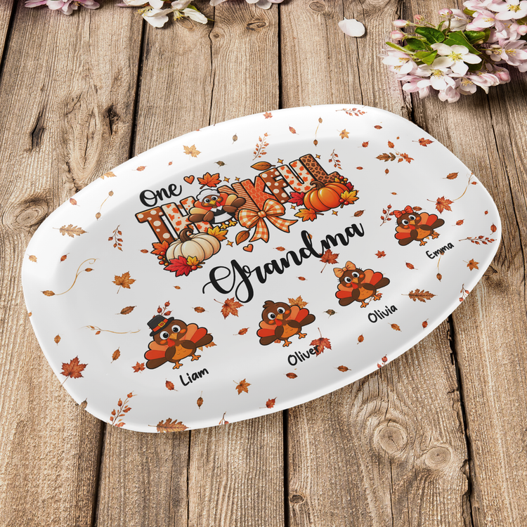 One Thankful Grandma - Custom Grandkids Turkey - Thanksgiving Fall Season Decorations - Personalized Platter 5