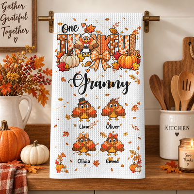 One Thankful Grandma Custom Grandkids Turkey - Thanksgiving Fall Season Decorations - Personalized Kitchen Towel