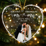 Our First Christmas As Mr & Mrs - Custom Newlywed Couple Photo - Heart Shaped - Personalized Ornament 1