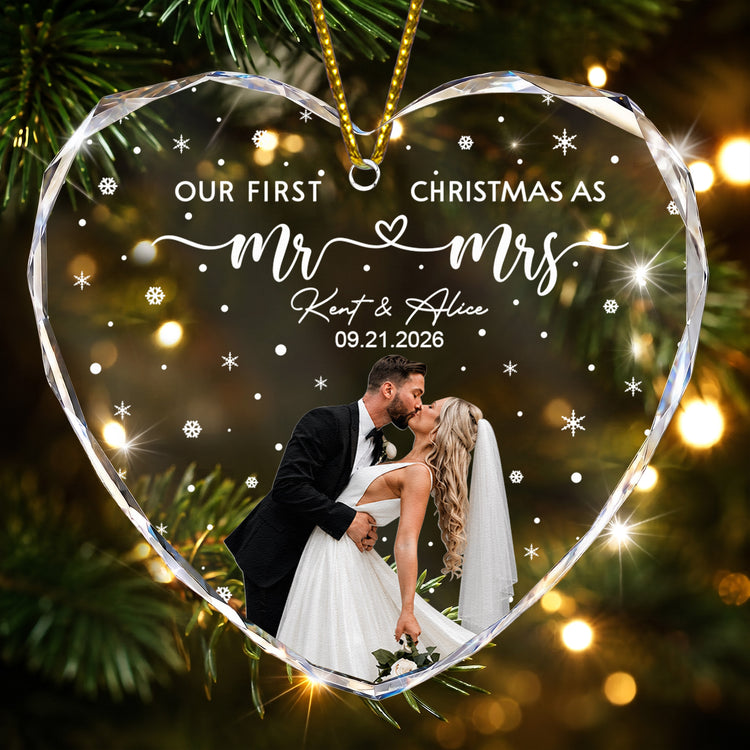 Our First Christmas As Mr & Mrs - Custom Newlywed Couple Photo - Heart Shaped - Personalized Ornament 1
