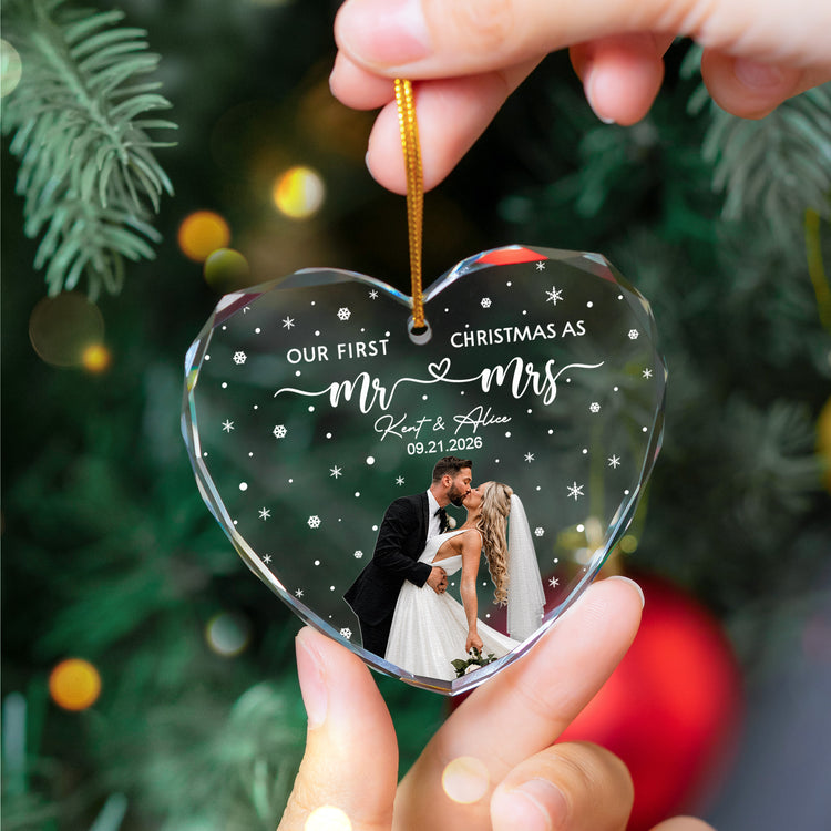 Our First Christmas As Mr & Mrs - Custom Newlywed Couple Photo - Heart Shaped - Personalized Ornament 4