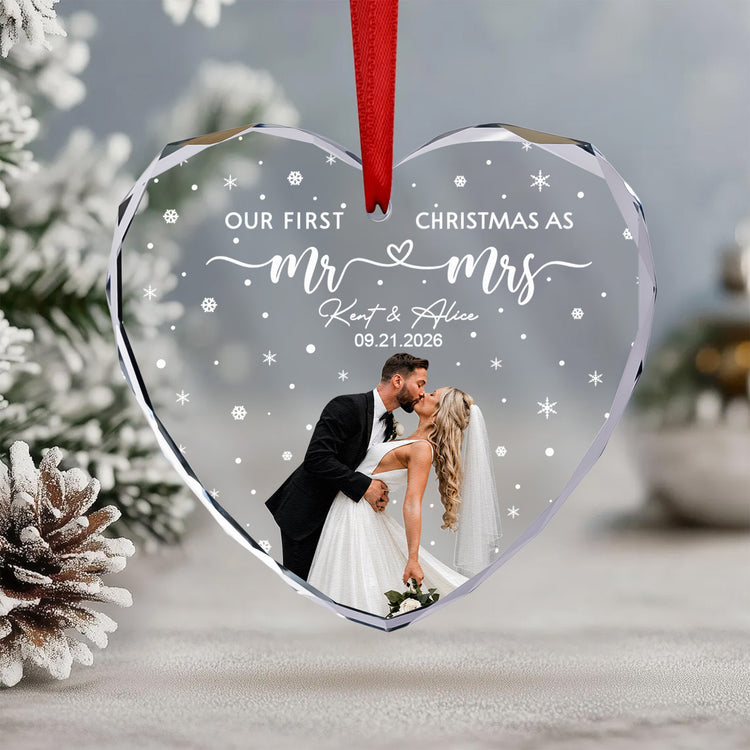 Our First Christmas As Mr & Mrs - Custom Newlywed Couple Photo - Heart Shaped - Personalized Ornament 5