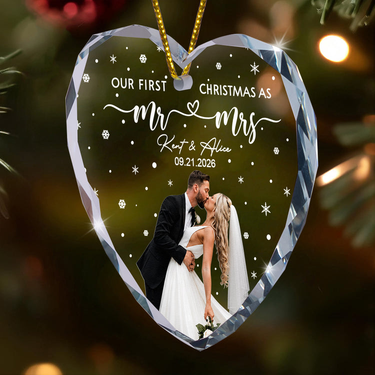 Our First Christmas As Mr & Mrs - Custom Newlywed Couple Photo - Heart Shaped - Personalized Ornament 6