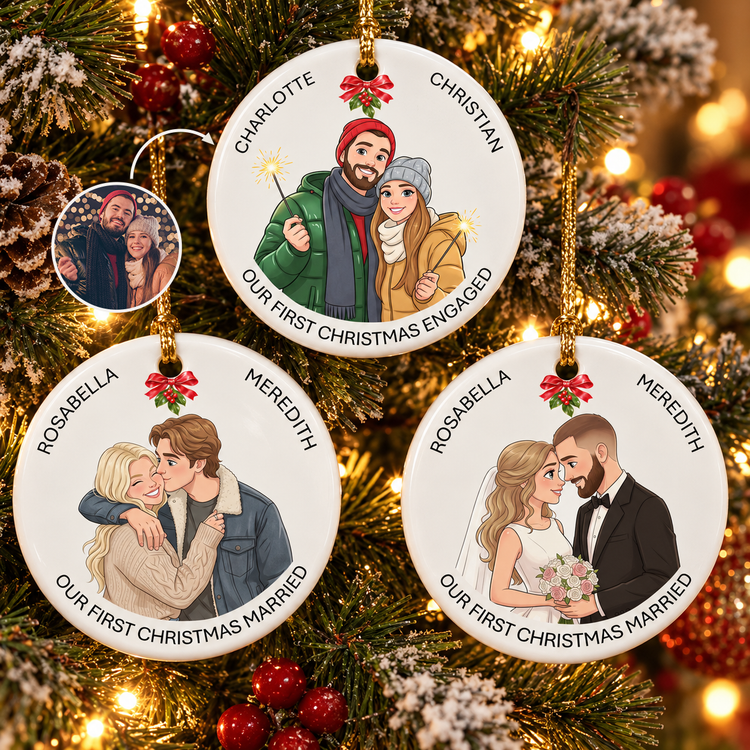Our First Christmas Couple Cartoon Art - Personalized Ornament 1
