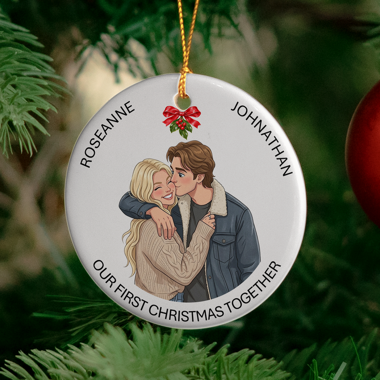 Our First Christmas Couple Cartoon Art - Personalized Ornament 4