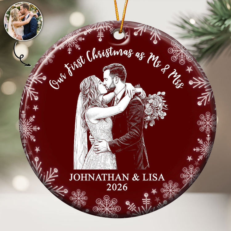 Our First Christmas Custom Couple Photo Sketch Line Art Christmas Gifts For Couple - Personalized Ornament 1