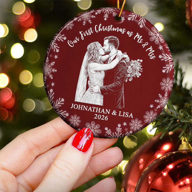 Our First Christmas Custom Couple Photo Sketch Line Art Christmas Gifts For Couple - Personalized Ornament 3
