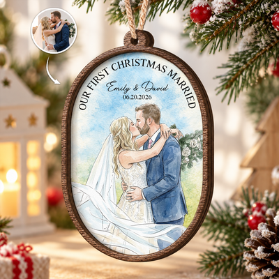 Our First Christmas Custom Couple Photo Watercolor Gifts For Her, Him - Personalized Ornament