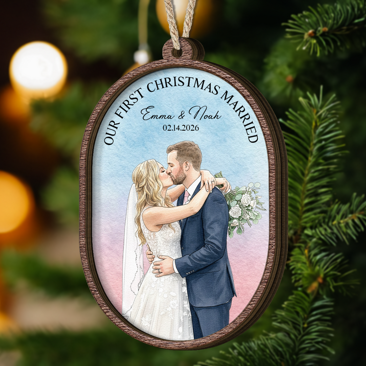 Our First Christmas Custom Couple Photo Waterclor Gifts For Her, Him - Personalized Ornament 2