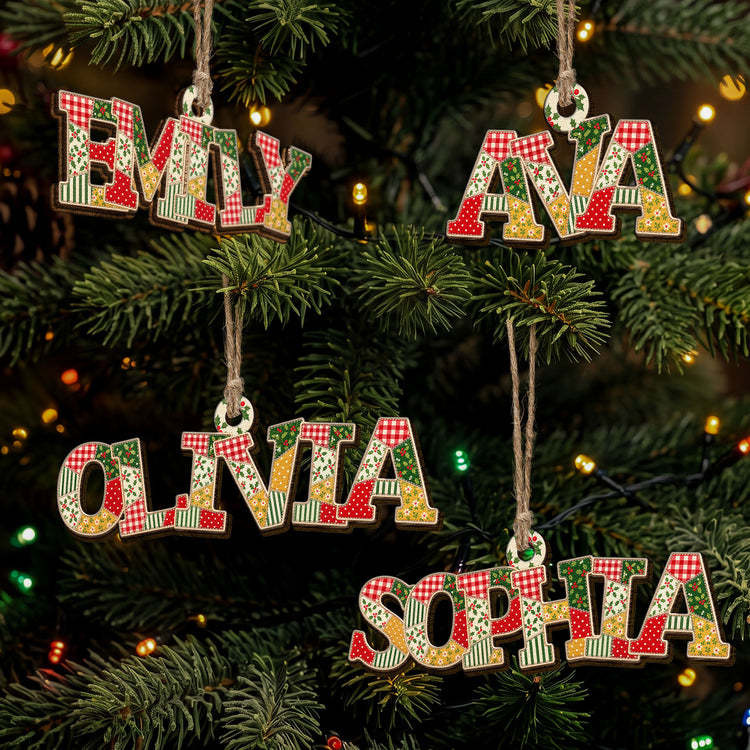 Patchwork Print Christmas Theme With Name - Personalized Ornament 1