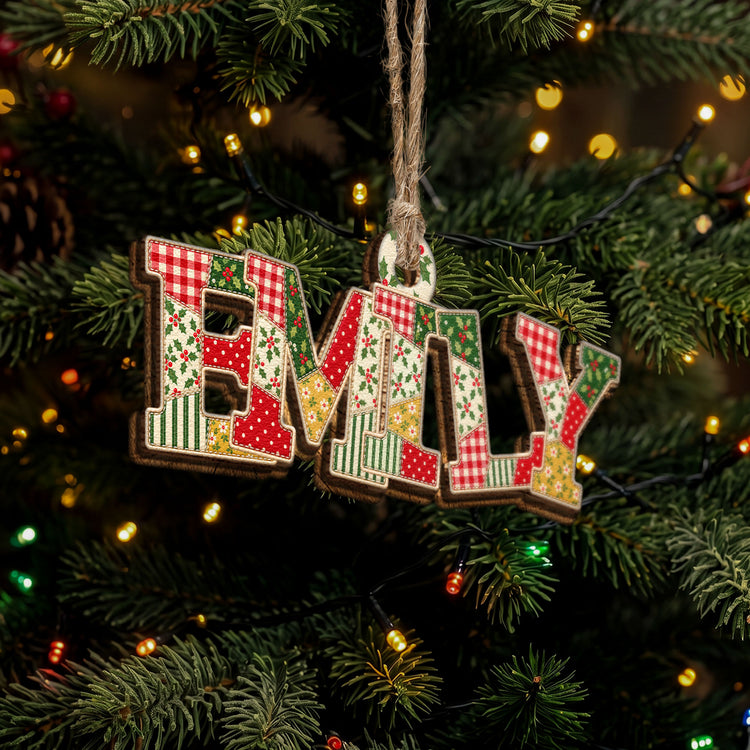 Patchwork Print Christmas Theme With Name - Personalized Ornament 2