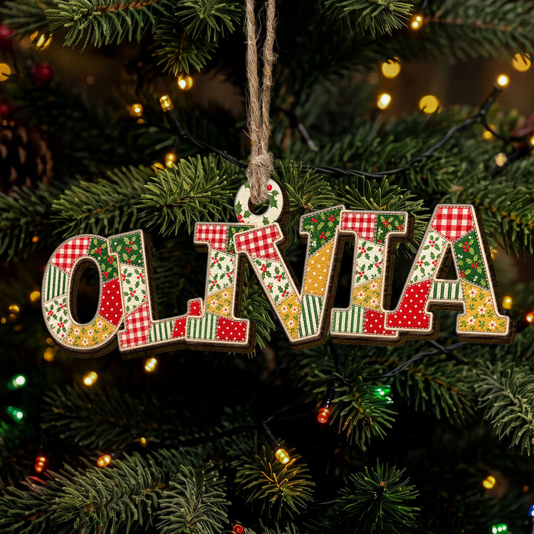 Patchwork Print Christmas Theme With Name - Personalized Ornament 4