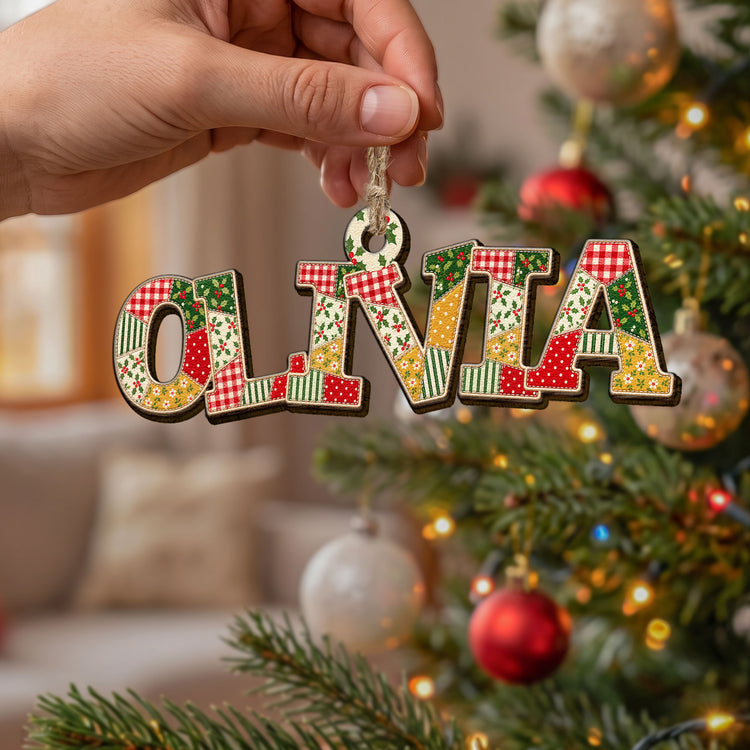 Patchwork Print Christmas Theme With Name - Personalized Ornament 5