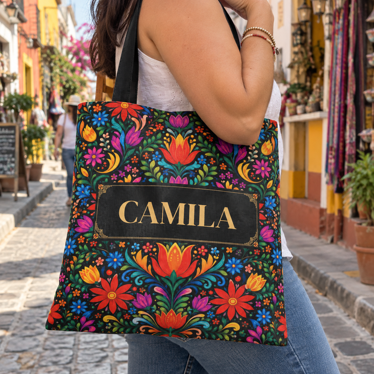 Personalizada Con Nombre Y Flores Estilo Arte Folclórico Mexicano - Regalo Para Mamá, Abuela O Mujeres Latinas - Personalizada Bolsa Tote 1
