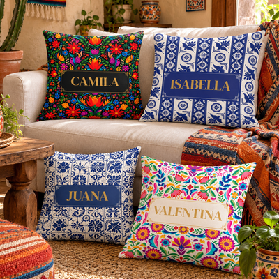 Personalizada Con Nombre Y Flores Estilo Arte Folclórico Mexicano - Regalo Para Mamá, Abuela O Mujeres Latinas - Personalizada Cojín
