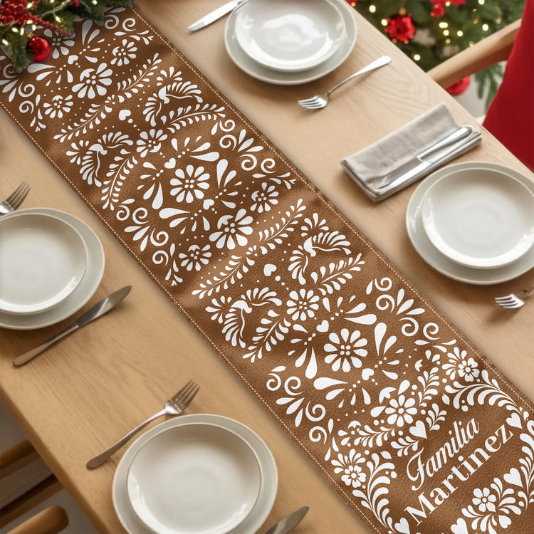 Personalizado Con Nombre de Familia Y Flores Estilo Papel Picado Mexicano - Decoración de Mesa - Personalizado Camino de Mesa  2