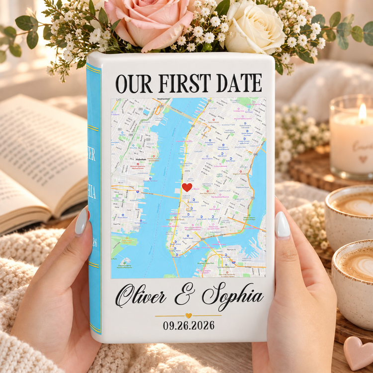 Personalized Map Ceramic Book Vase, Where It All Began Anniversary Gift - Personalized Vase 4