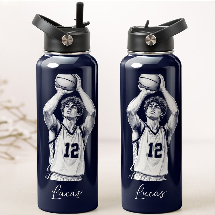 Personalized Player Name And Photo Sketch Line Art Gift For Basebal, Football, Basketball, Hockey, Soccer Players, Kids - Personalized Water Bottle 2