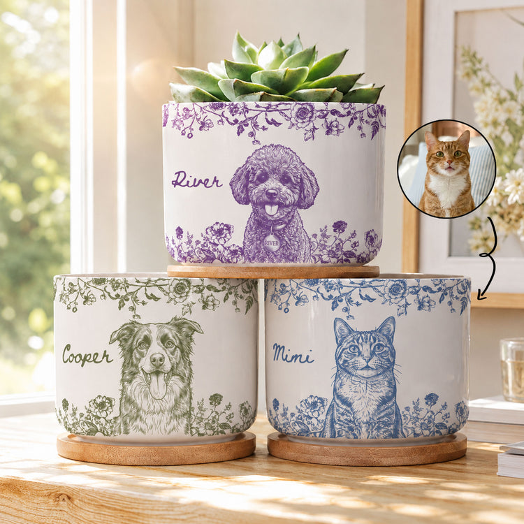  Pet Memorial Planter, Sketch Line Art Pet Photo Planter, Pet Loss Gift - Personalized Plant Pot 1