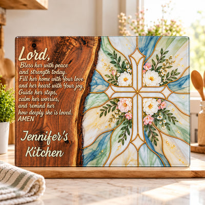 Prayer For Her Floral Cross Kitchen Decor Bless Her Peace Strength Faith Inspirational - Personalized Cutting Board