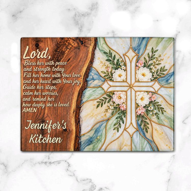 Prayer For Her Floral Cross Kitchen Decor Bless Her Peace Strength Faith Inspirational - Personalized Cutting Board 3