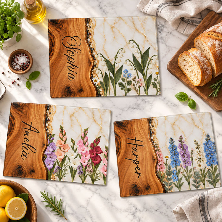 Resin Birth Month Flower Effect Gift For Her Sister Daughter Wife Friend - Personalized Cutting Board 2
