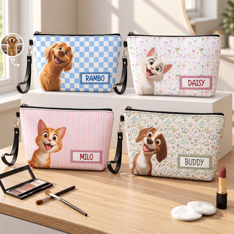 Retro Checkered Floral Stripe Makeup Bag For Pet Lover - Personalized Cosmetic Bag 1