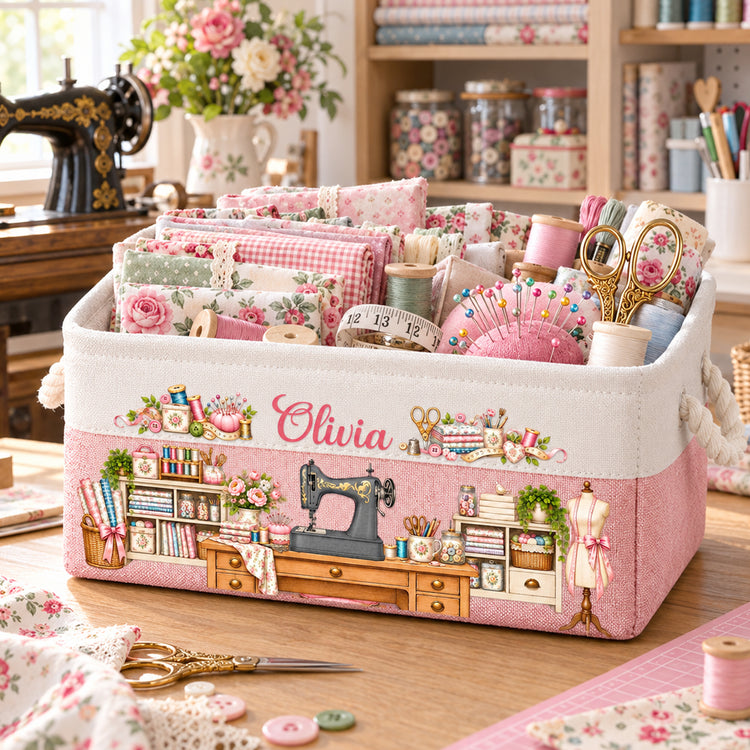 Sewing Basket, Craft Basket Custom Sewing Machine & Birth Flower - Personalized Storage Basket 1