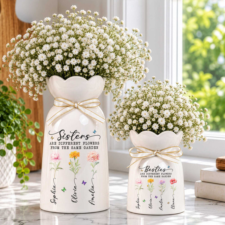Sisters Are Different Flowers From The Same Garden Custom Name & Birth Flowers - Personalized Vase 7