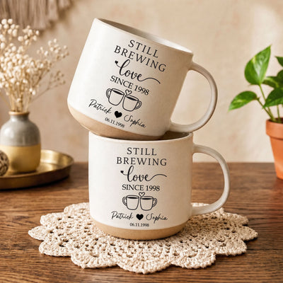 Still Brewing Love Since - Matching Coffee Pottery Mug For Couples - Personalized Mug