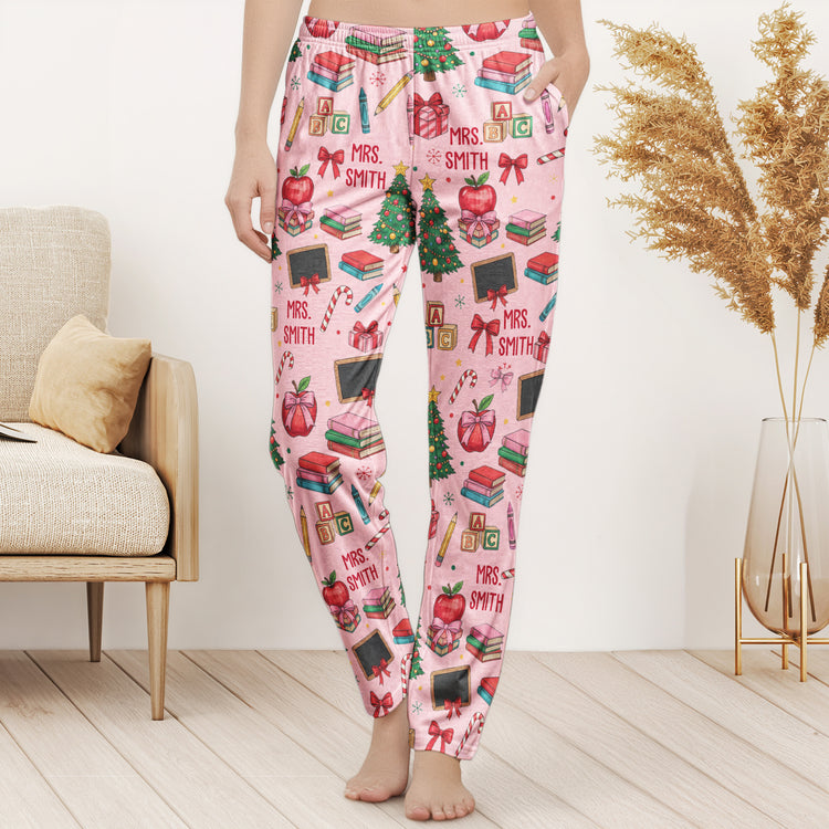 Teacher Pattern With Bow Custom Name - Personalized Lounge Pants 2