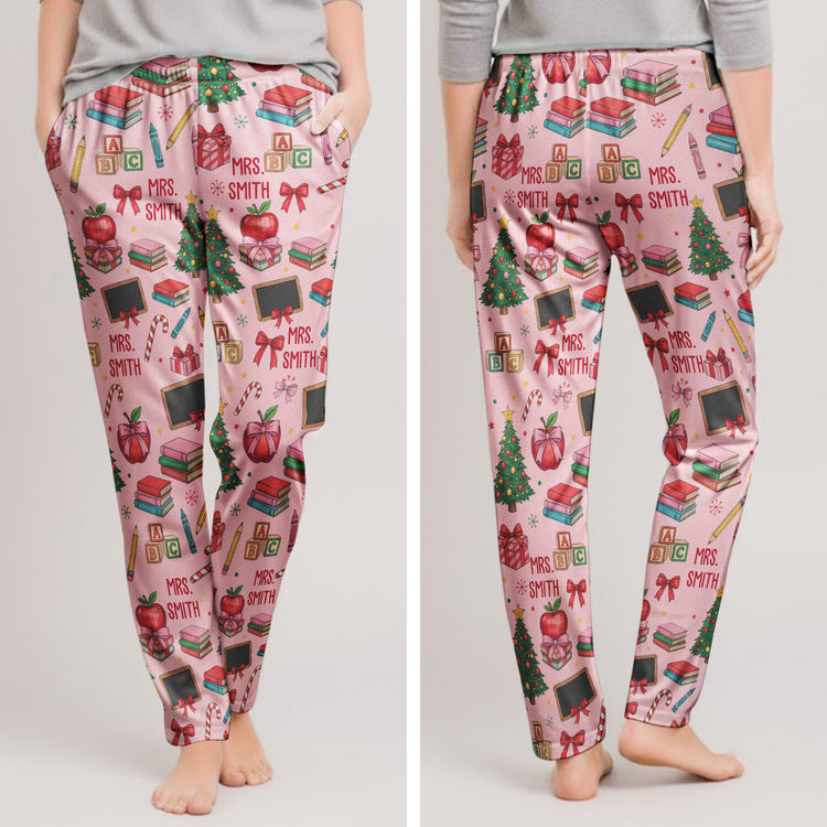 Teacher Pattern With Bow Custom Name - Personalized Lounge Pants 3