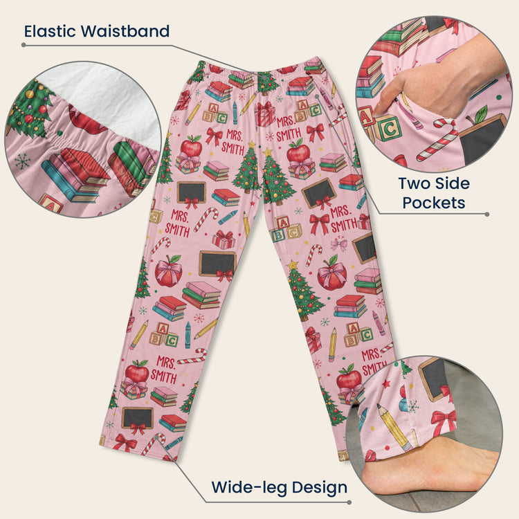 Teacher Pattern With Bow Custom Name - Personalized Lounge Pants 5