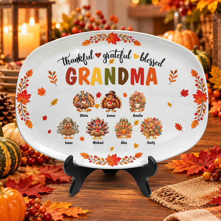 Thankful, Grateful, Blessed Grandma - Thanksgiving Gift For Grandma, Nana, Gigi - Personalized Platter 1