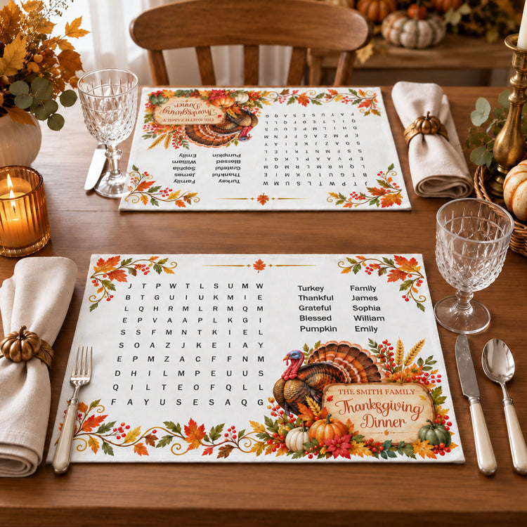Thanksgiving Word Search, Thanksgiving Word Scramble- Thanksgiving Family Game - Personalized Placemat 1