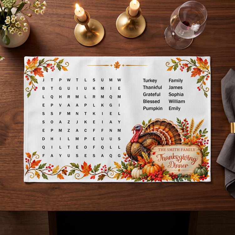 Thanksgiving Word Search, Thanksgiving Word Scramble- Thanksgiving Family Game - Personalized Placemat 4