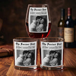 The Forever Post - Love Newspaper Custom Couples Photo, Special Date - Personalized Whiskey Glass And Wine Glass Set 2