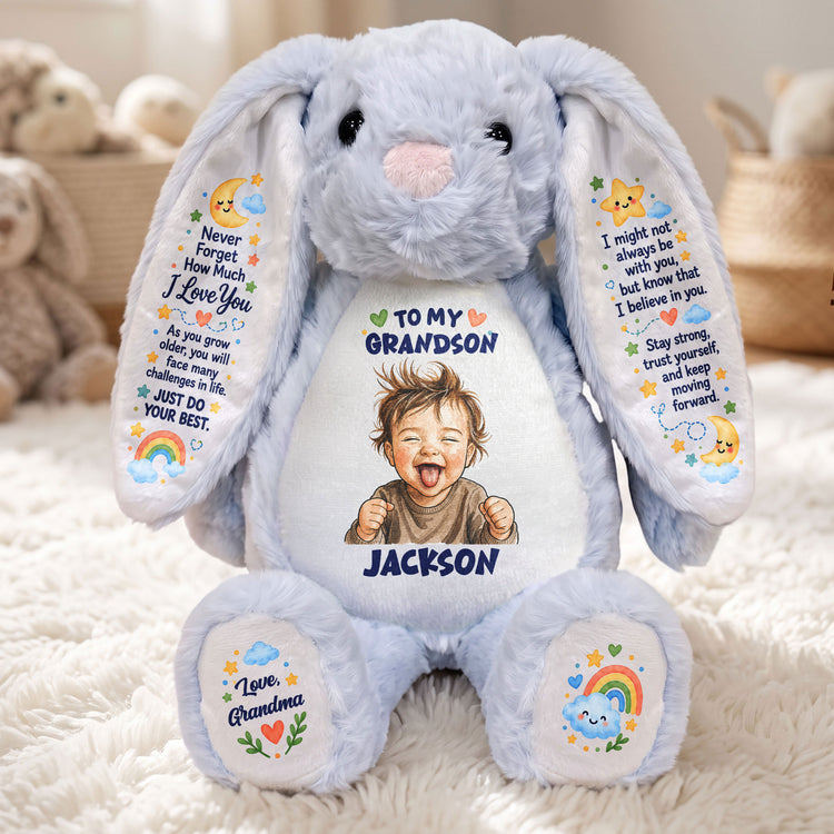 To My Grandson Never Forget How Much I Love You Custom Photo - Personalized Bunny Plush 1