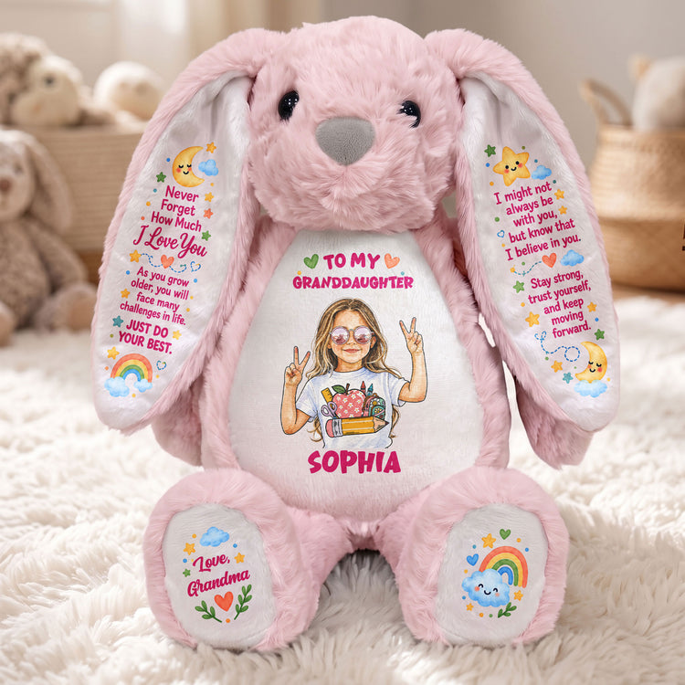To My Grandson Never Forget How Much I Love You Custom Photo - Personalized Bunny Plush 2
