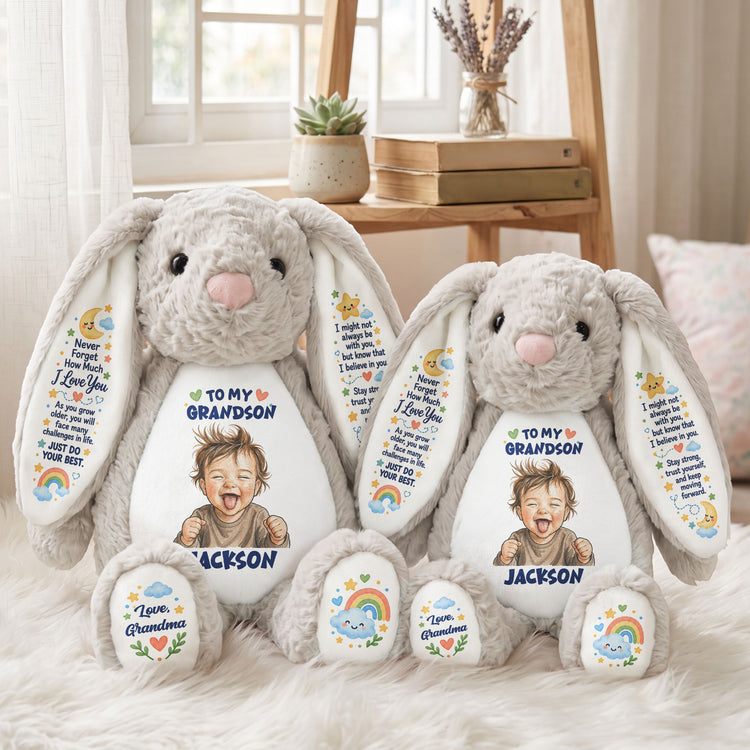 To My Grandson Never Forget How Much I Love You Custom Photo - Personalized Bunny Plush 4