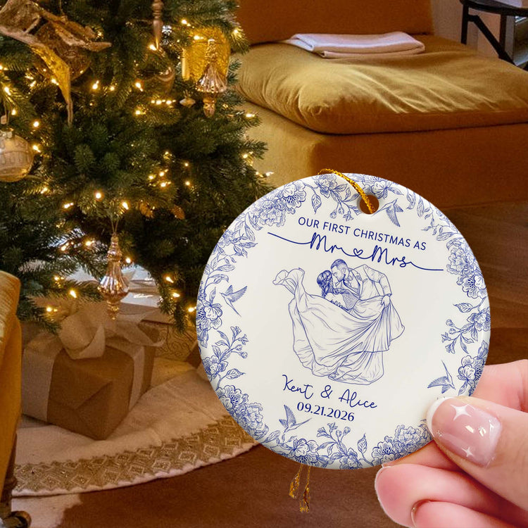 Toile De Jouy Your Photo - Our First Christmas As Mr. Mrs. - Personalized Ornament 1