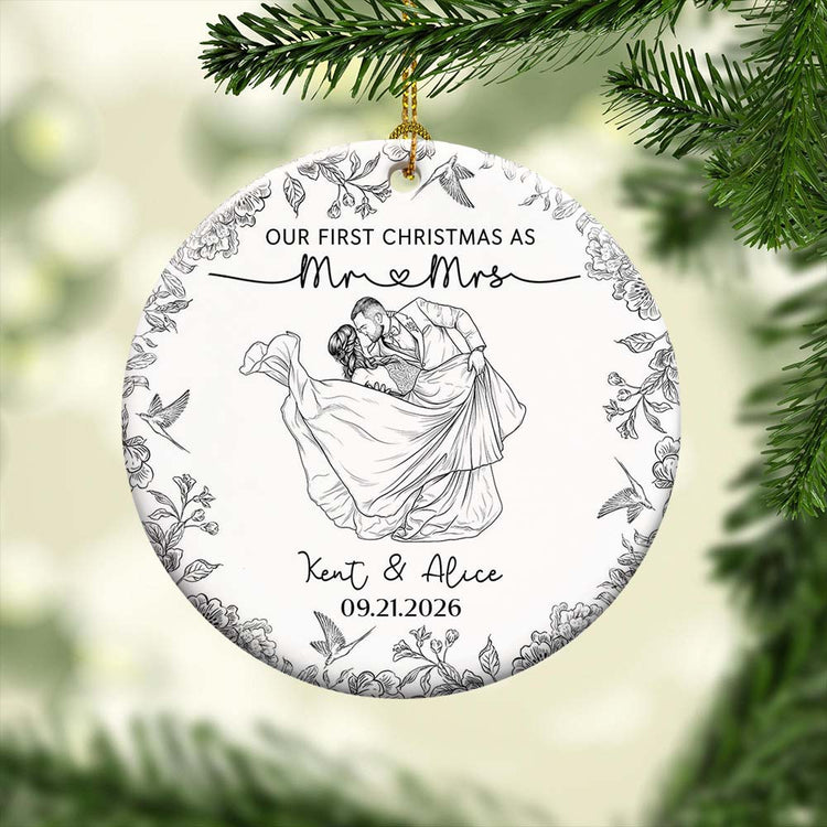 Toile De Jouy Your Photo - Our First Christmas As Mr. Mrs. - Personalized Ornament 2