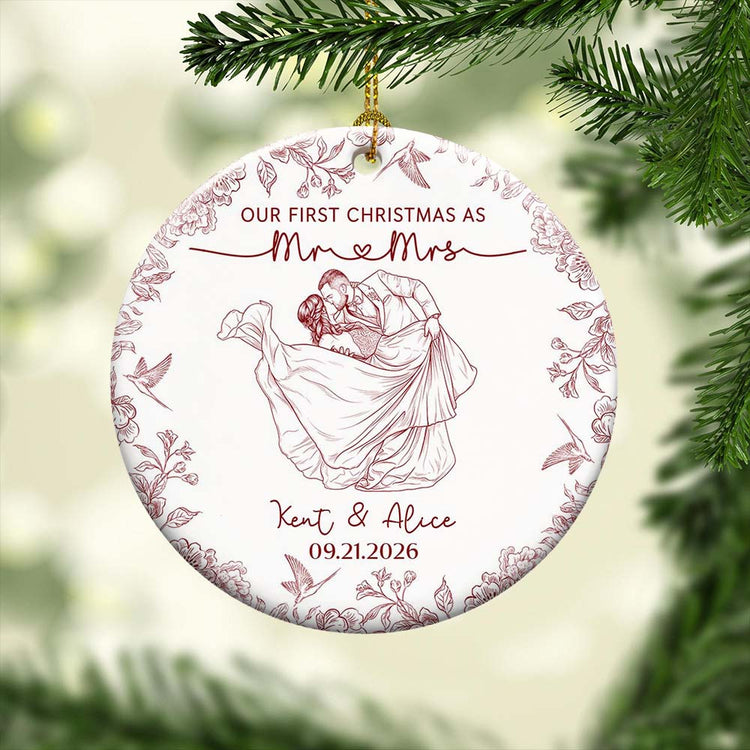 Toile De Jouy Your Photo - Our First Christmas As Mr. Mrs. - Personalized Ornament 3