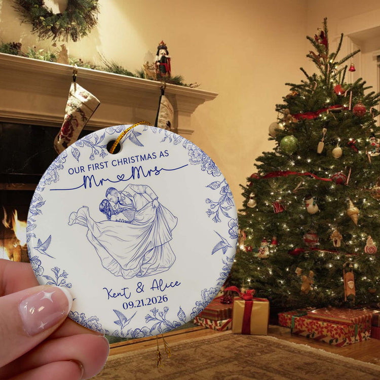 Toile De Jouy Your Photo - Our First Christmas As Mr. Mrs. - Personalized Ornament 6